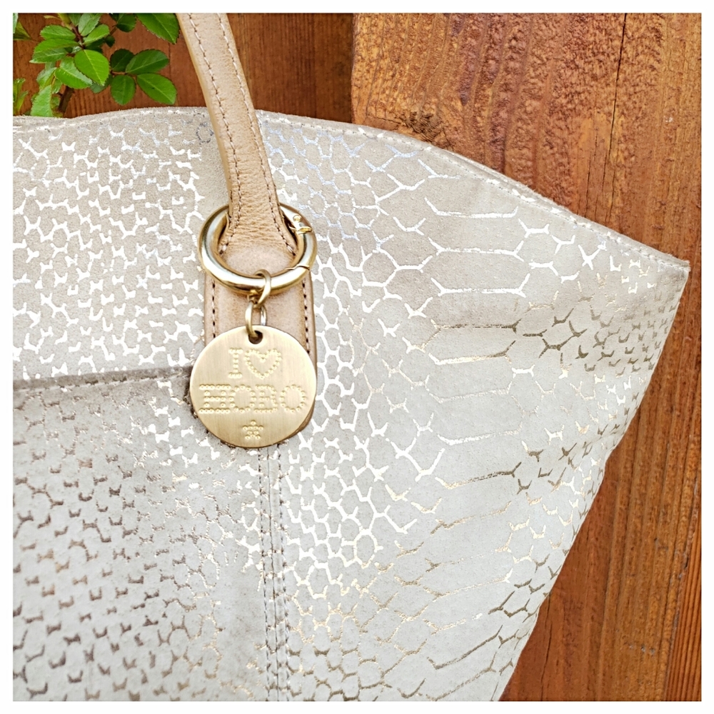 Beige Metallic Snake-Print Tote